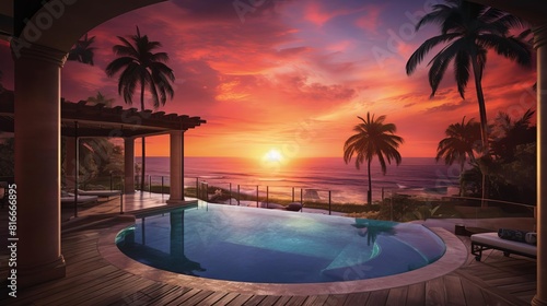 The view of the sunset from the terrace of a luxury villa with swimming pool.