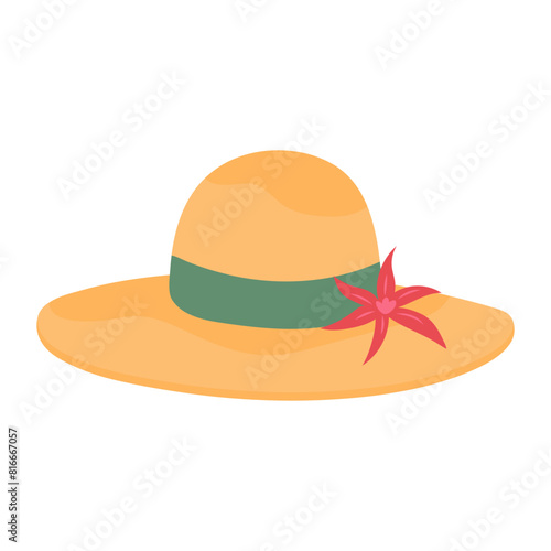 Summer hat with tropical flower. Vector illustration isolated on white background.