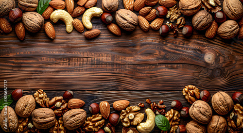 Nuts in assortment on wooden background.