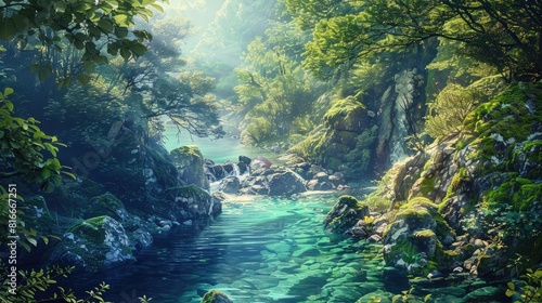 Composition of nature in a mountain forest with a deep river