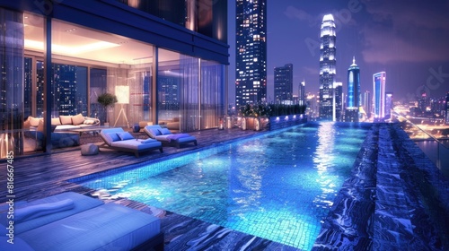 Luxurious rooftop pool and relaxation area in modern high-rise building 