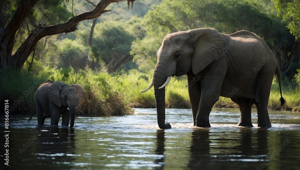 Fototapeta premium Large African elephant and baby elephant with tough wrinkled grey skin at the watering hole