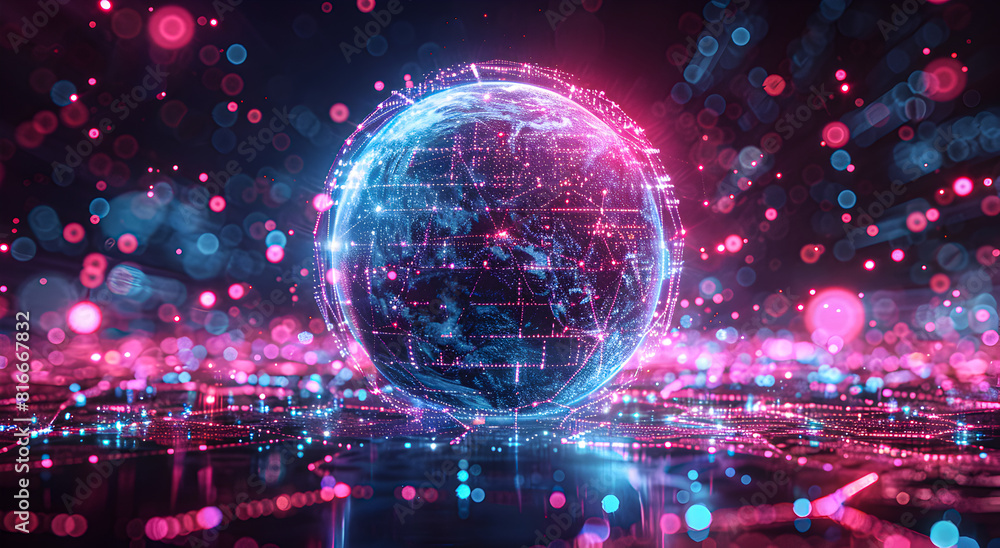 Fototapeta premium A globe of a planet surrounded by neural neon lines, grid and nodes.