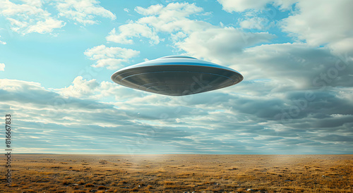 A flying saucer hovering over a field. UFO hovered over the field.