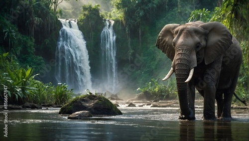 Large African elephant with tough wrinkled grey skin stands near waterfall cascades down rocky terrains