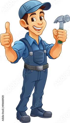 A handyman or carpenter cartoon construction man mascot character holding a hammer tool