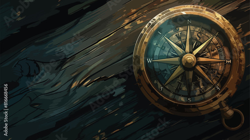 Retro compass on dark wooden background closeup Vector