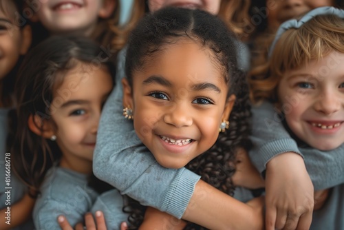 Schoolchildren embracing happy. Multi cultural racial classroom
