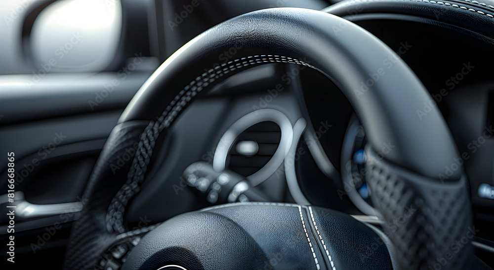 Close-up of the smooth leather steering wheel.