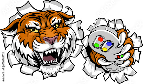 A tiger gamer with video game controller sports team animal mascot