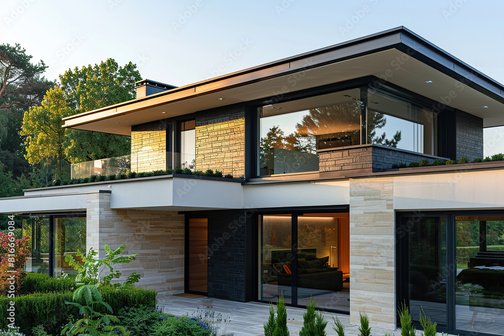 Fototapeta premium Modern cozy two-story house with panoramic windows and beautiful landscape design. Property for sale or rent.
