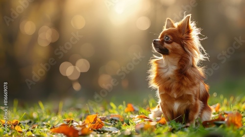 A cute chihuahua sits in a field of fallen leaves, looking off into the distance. photo