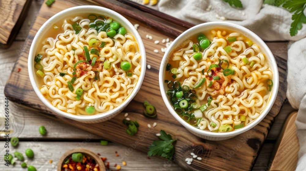 Two instant noodle soup cups with chopsticks on wooden table. Top view. Two instant noodle soup cups with chopsticks on wooden table. Top view.