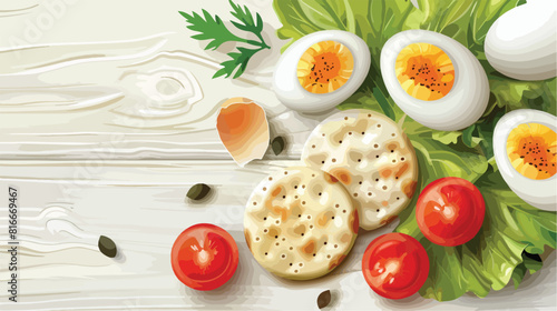 Rice crackers with quail eggs tomatoes and lettuce 