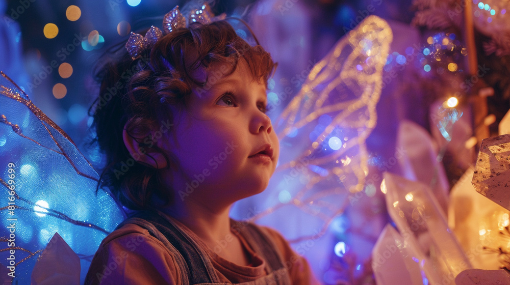 A child in a fairy costume exploring a hidden fairy palace, their eyes wide with awe as they marvel at the glittering crystals and twinkling lights. A child in a fairy costume exploring a hidden fairy palace, their eyes wide with awe as they marvel at the glittering crystals and twinkling lights.