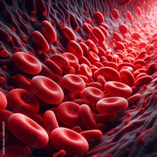 A high-resolution image capturing the detailed texture of red blood cells flowing through a blood vessel with a dynamic sense of movement.. AI Generation