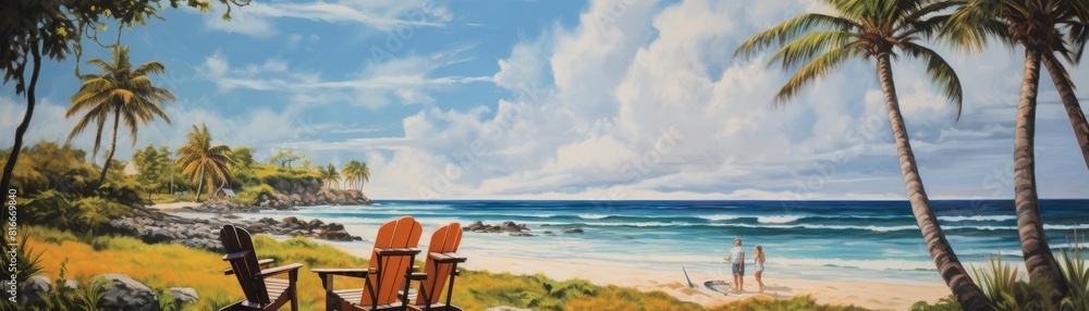 Two red chairs sit on a beach overlooking the ocean. The sky is blue and the sun is shining. The palm trees are swaying in the wind.