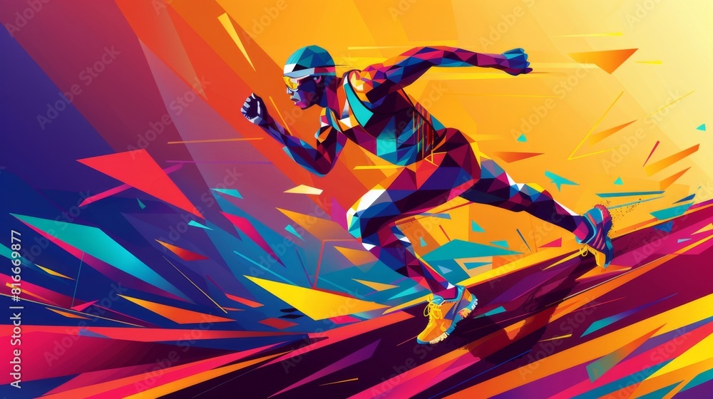 Vibrant vector illustration of a geometric runner, evoking the spirit of athleticism and vitality. Ideal for fitness-related projects or motivational content.