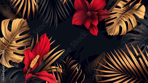 Black and gold leaves on dark background modern poster Beautiful botanical design with golden tropic jungle palm leaves  exotic red flower Wedding ceremony invitation card  Christmas greeting