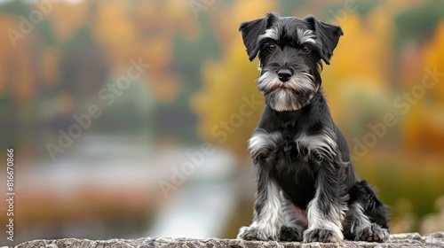 A miniature schnauzer sits on a stone wall in front of an autumn backdrop. photo