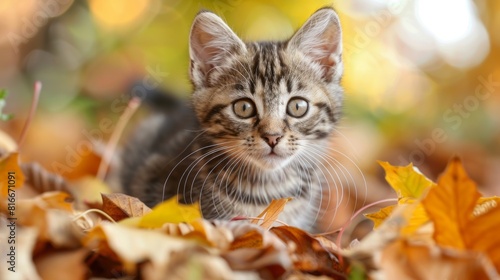 A cute tabby kitten sits in a pile of fallen leaves and looks at the camera.