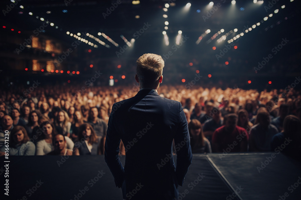 Generative AI illustration motivational speaker with microphone in hand in front of audience at conference room Generative AI illustration motivational speaker with microphone in hand in front of audience at conference room
