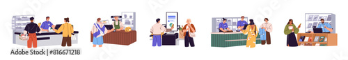 People pay at the checkout set. Buyers make purchase with card at till in grocery store, cafe. Consumers buy at shop counter and self service cash register. Flat isolated vector illustrations on white