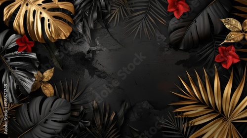 An invitation card for a wedding  holiday sale  or an invitation for a celebration designed with golden jungle palm leaves and exotic red ixora flowers on a dark background