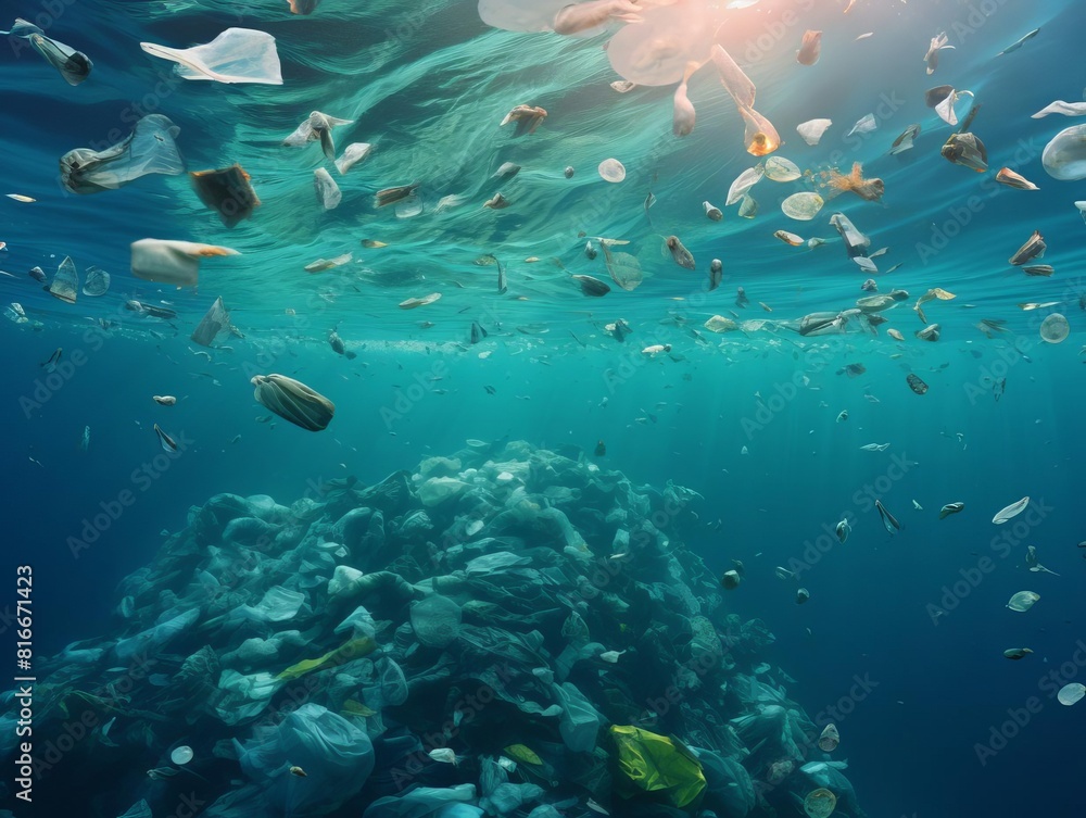 Underwater plastic pollution. Discarded bottles and bagsShang Hai Hai Yang Sheng Wu . Underwater plastic pollution. Discarded bottles and bagsShang Hai Hai Yang Sheng Wu .