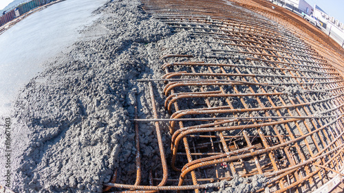 Construction New Building Flooring Foundations Steel Rebar Concrete Pouring Close-Up Outdoors