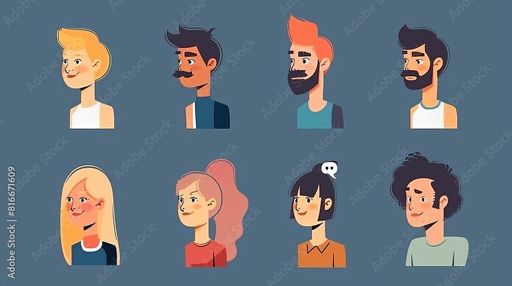 Set of modern avatars in casual clothes, in a light digital frame, on a dark blue computer background, ideal for web profiles. Set of modern avatars in casual clothes, in a light digital frame, on a dark blue computer background, ideal for web profiles.