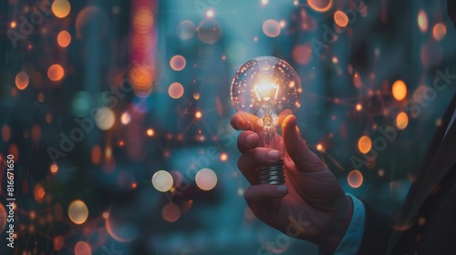 Vibrant visuals showcasing a businessman holding a light bulb linked to the future internet, symbolizing the critical role of creativity and innovation in business excellence.