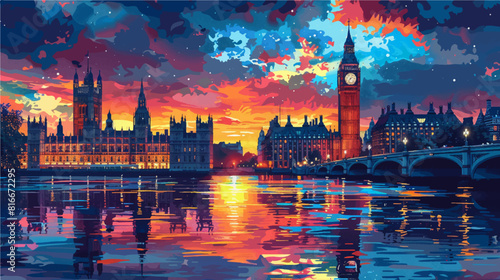 Illustration in vectorial of london city sunset, big ben and westminster palace on the background photo