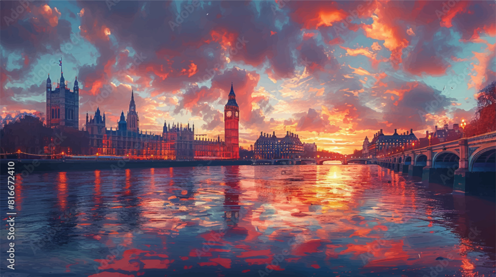 Illustration in vectorial of london city sunset, big ben and westminster palace on the background