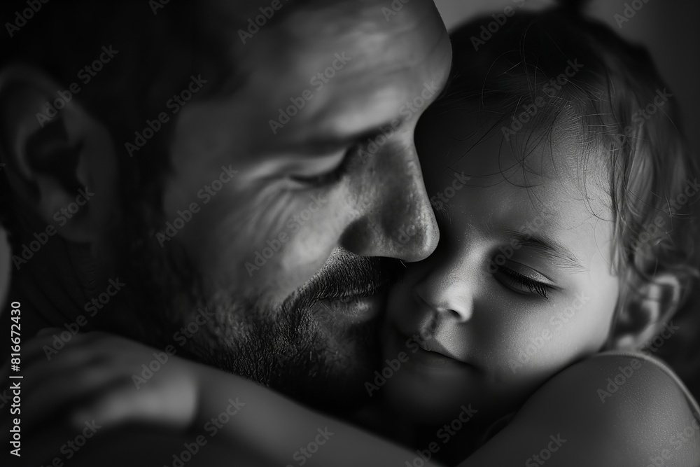 A black and white portrayal of a man embracing his daughter in a heartfelt hug A black and white portrayal of a man embracing his daughter in a heartfelt hug