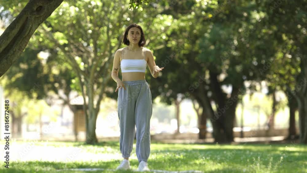 A woman is exercising in a park, wearing a white top and grey pants A woman is exercising in a park, wearing a white top and grey pants