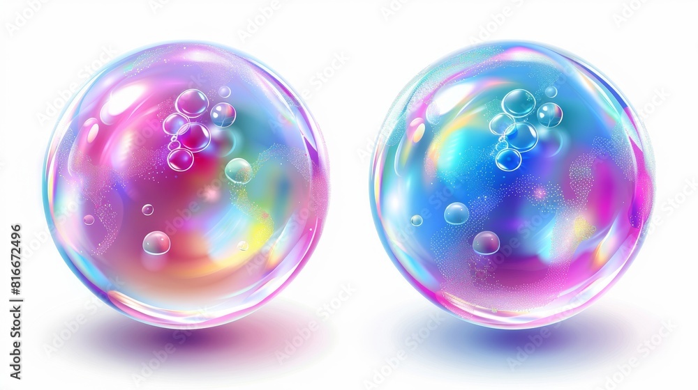 An initial explosion of transparent rainbow air spheres with reflections and highlights is isolated on white, depicting the effects of blowing wind on a soap bubble. An initial explosion of transparent rainbow air spheres with reflections and highlights is isolated on white, depicting the effects of blowing wind on a soap bubble.