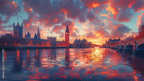 Illustration in vectorial of london city sunset, big ben and westminster palace on the background