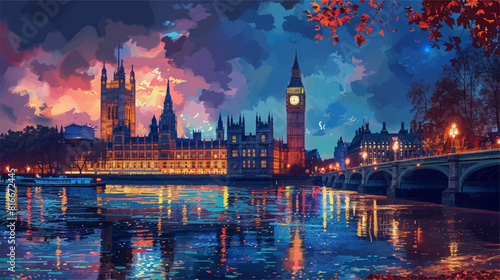 Illustration in vectorial of london city at night  big ben and westminster palace on the background