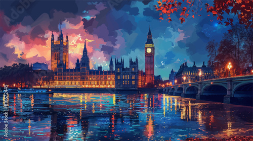 Illustration in vectorial of london city at night, big ben and westminster palace on the background