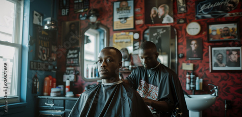 A male barber cuts his African-American client s hair at a barbershop