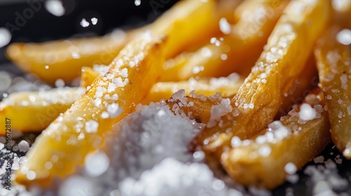 Close-up detail shot of salting french fries.