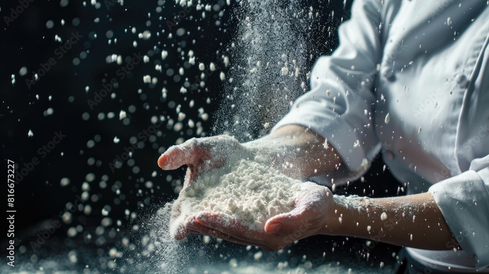 Fototapeta premium background chef hand clap with splash of white flour