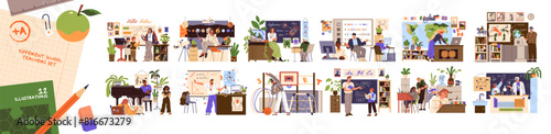 Different teachers in classrooms set. Various school subjects. Professors teach students. Lecturers explain science, maths, art in classes. Flat isolated vector illustrations on white background