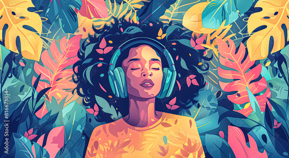 Illustration of a Woman immersed in podcasting. Illustration of a Woman immersed in podcasting.