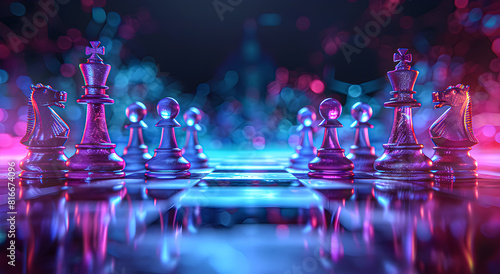 Wallpaper chess pieces on a board in neon colors.