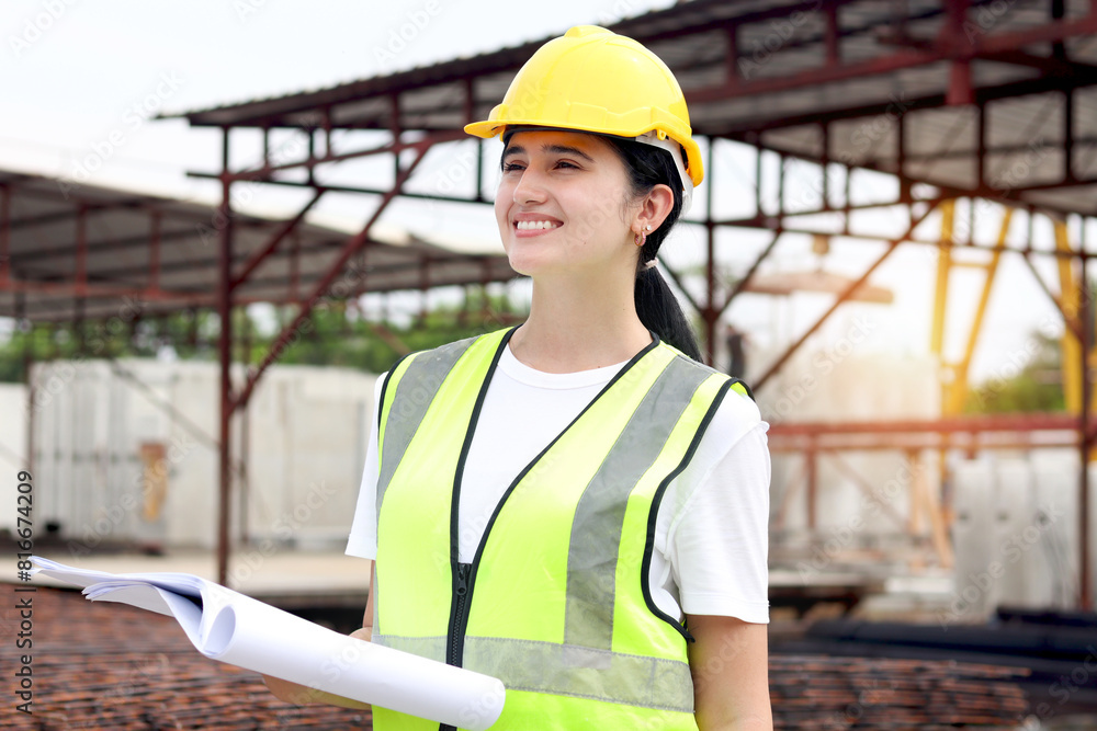Portrait of young happy beautiful women engineer worker with safety vest and helmet holds blueprint at construction site. Smiling female architect working at ground level of building site workplace. Portrait of young happy beautiful women engineer worker with safety vest and helmet holds blueprint at construction site. Smiling female architect working at ground level of building site workplace.
