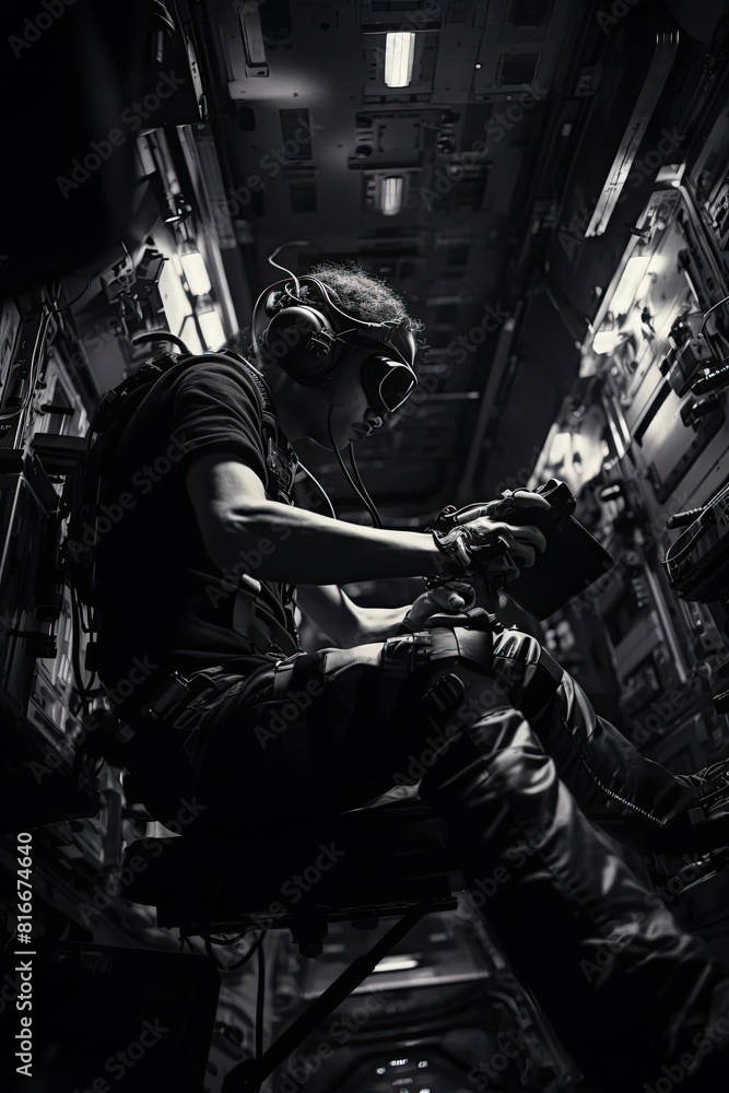 The image shows a soldier in a dark room. He is wearing a helmet and a bulletproof vest. He is holding a gun. The image shows a soldier in a dark room. He is wearing a helmet and a bulletproof vest. He is holding a gun.