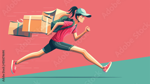 Running female courier with parcels on color background