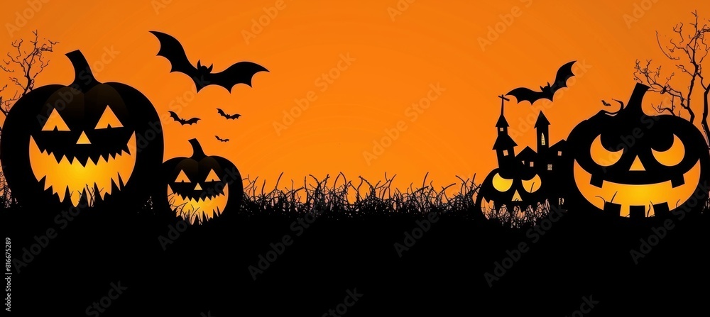 Spooky halloween scene  pumpkins, bats, ghosts, and haunted houses on vibrant orange background